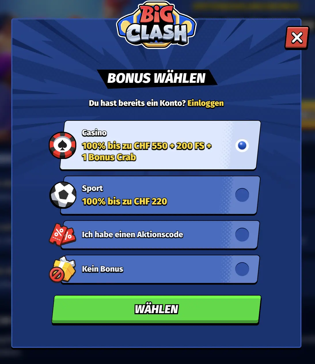 Bonus wählen BigClash BigClash Casino Bonusauswahl Bildschirm